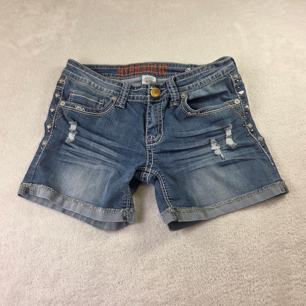 Hydraulic Womens Distressed Studded Denim Shorts Blu Size 11/12 Embroidered Back